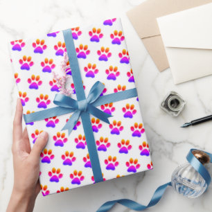 Neon Paw Prints On White Wrapping Paper