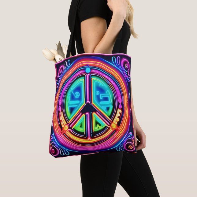Neon Peace Mandala Tote Bag (Close Up)