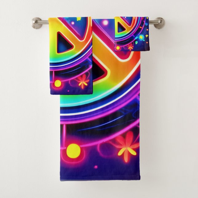 Neon Peace Symbol Art Bath Towel Set (Insitu)