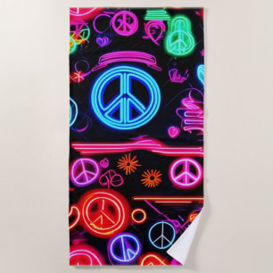Neon Peace Symbol Patterns Beach Towel