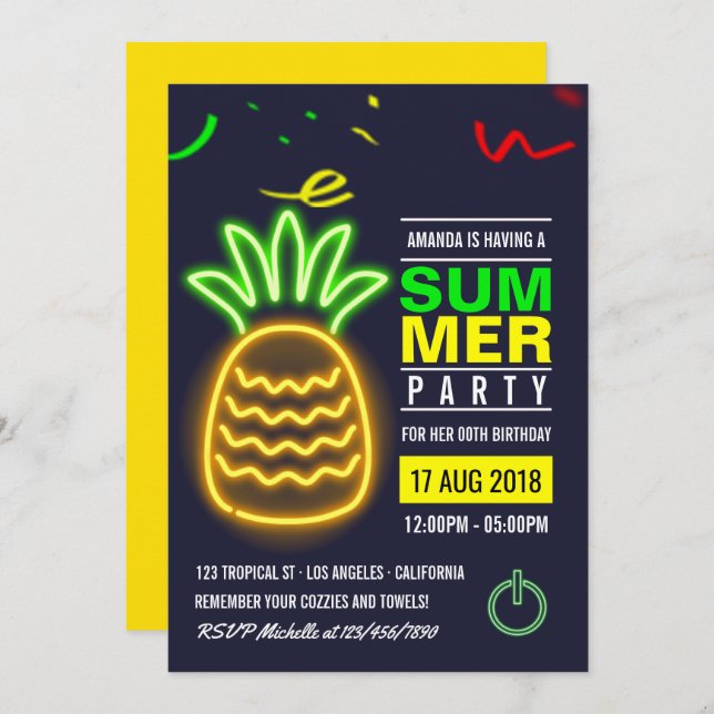 Neon Pineapple Summer Birthday Party Invitation (Front/Back)