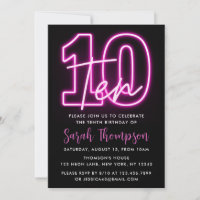 Neon Pink 10th Birthday Invitation