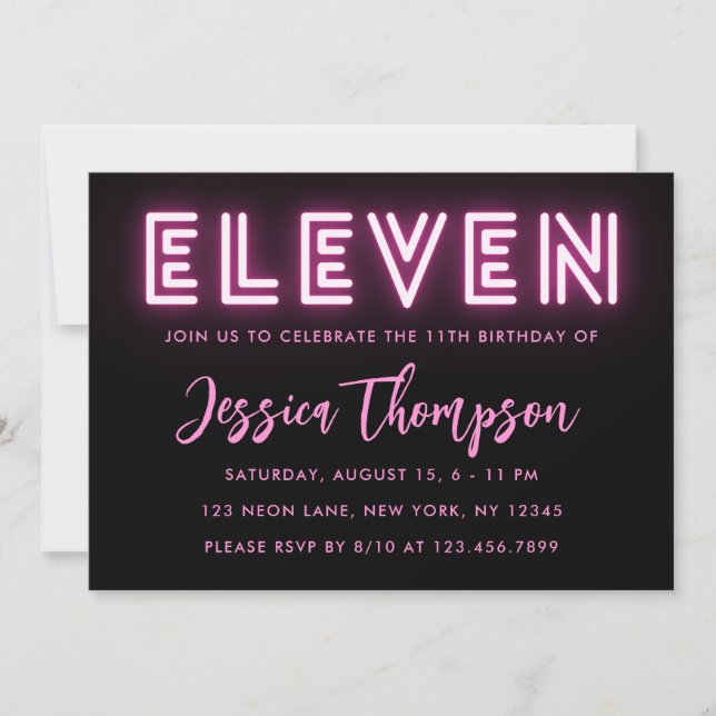Neon Pink 11th Birthday Invitation (Front)