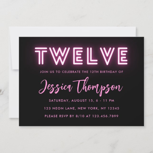 Neon Pink 12th Birthday Invitation (Front)