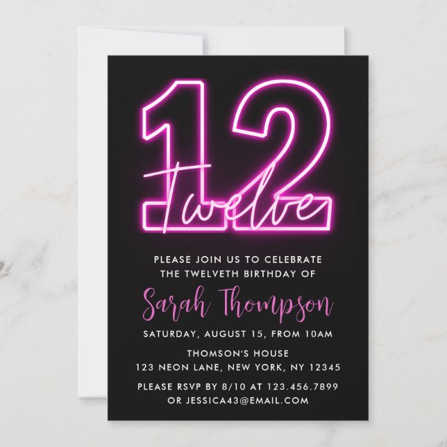 Neon Pink 12th Birthday Invitation (Front)