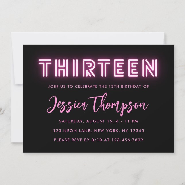 Neon Pink 13th Birthday Invitation (Front)