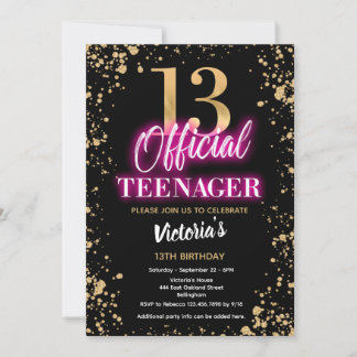 Neon Pink 13th Birthday Party Invitation