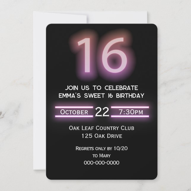 Neon Pink 16th Birthday Party Invitation (Front)