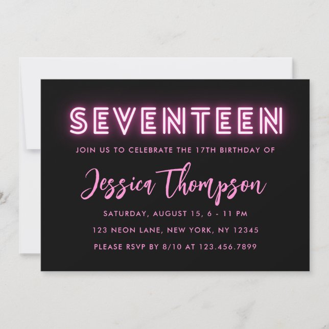 Neon Pink 17th Birthday Invitation (Front)