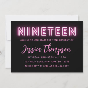 Neon Pink 19th Birthday Invitation