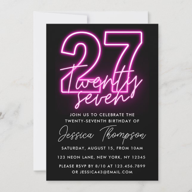 Neon Pink 27th Birthday Invitation (Front)