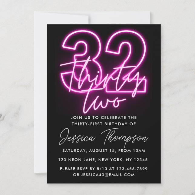 Neon Pink 32nd Birthday Invitation (Front)