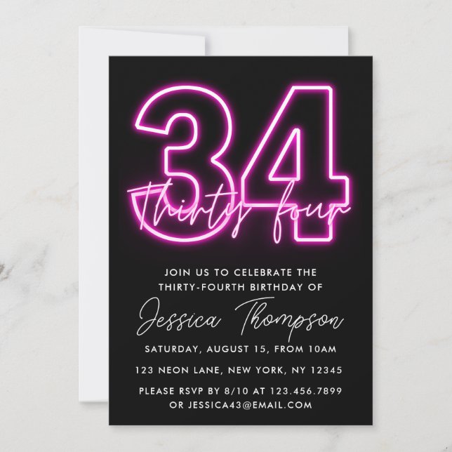 Neon Pink 34th Birthday Invitation (Front)