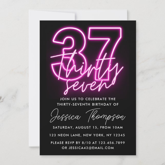 Neon Pink 37th Birthday Invitation (Front)
