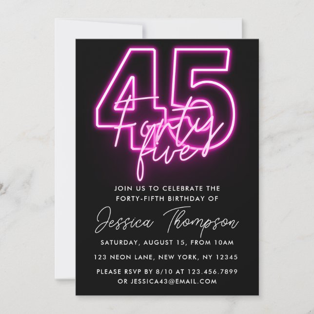 Neon Pink 45th Birthday Invitation (Front)