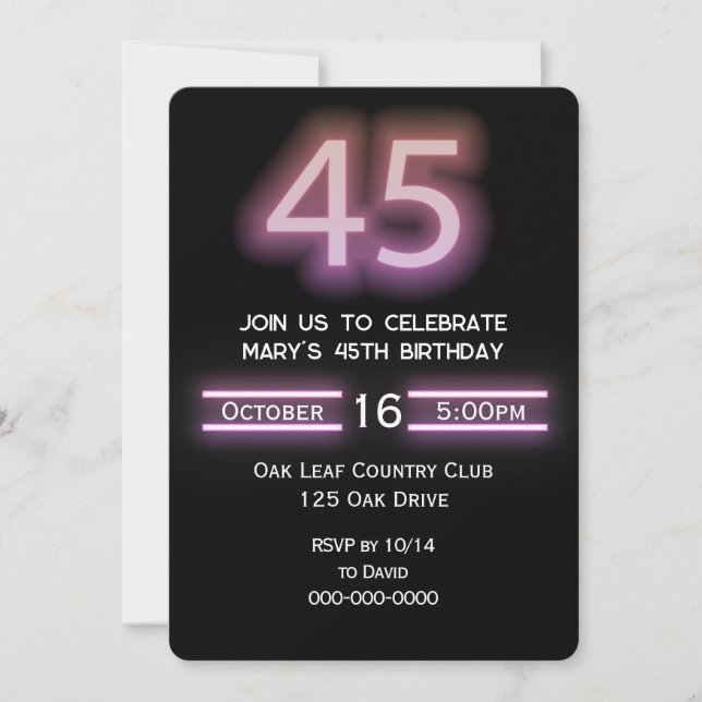 Neon Pink 45th Birthday Party Invitation (Front)