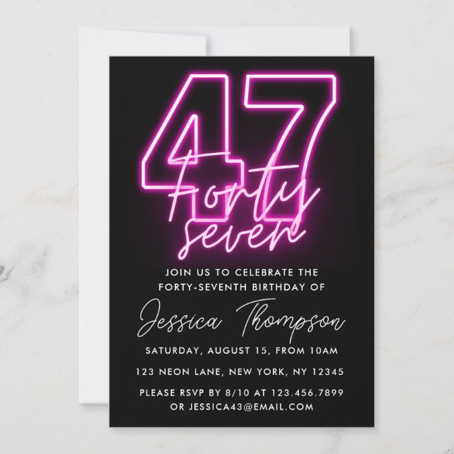 Neon Pink 47th Birthday Invitation (Front)