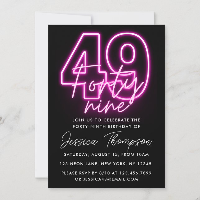 Neon Pink 49th Birthday Invitation (Front)