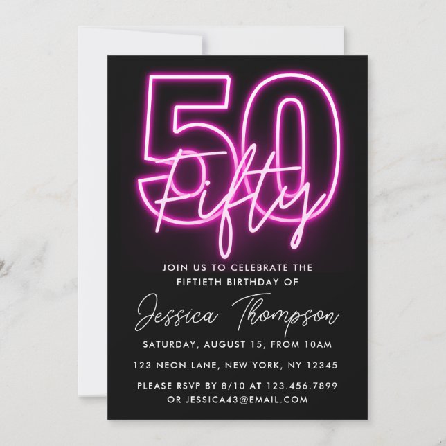 Neon Pink 50th Birthday Invitation (Front)