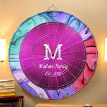Neon Pink Abstract Waves Family Game Dartboard<br><div class="desc">Neon Pink Family Game Dartboard with name and monogram.</div>