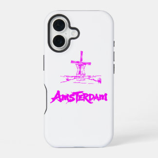 Neon Pink Amsterdam Windmill Sketch Modern Black iPhone 16 Case