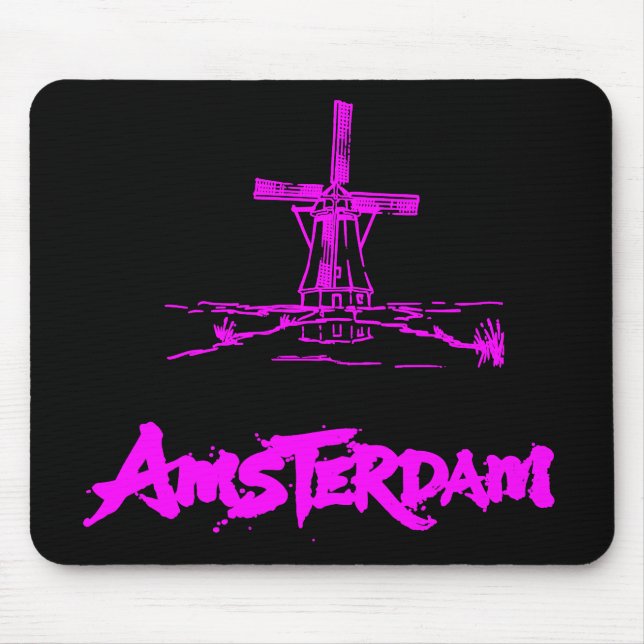 Neon Pink Amsterdam Windmill Sketch Modern Black Mouse Pad (Front)