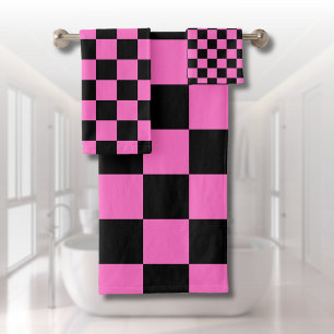 Neon Pink and Black Chequered Chequerboard Vintage Bath Towel Set