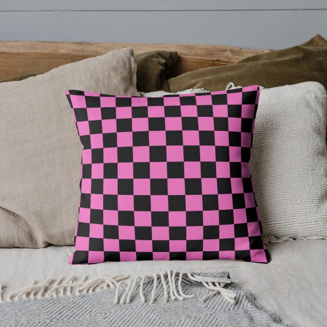 Neon Pink and Black Chequered Chequerboard Vintage Cushion (Creator Uploaded)