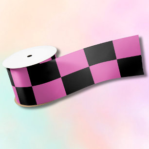 Neon Pink and Black Chequered Chequerboard Vintage Satin Ribbon