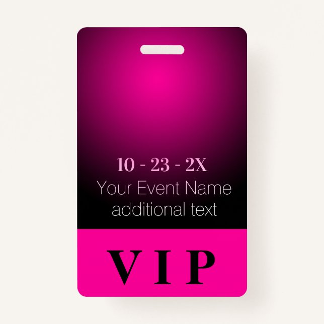 Neon Pink and Black Gradient VIP Event ID Badge (Front)