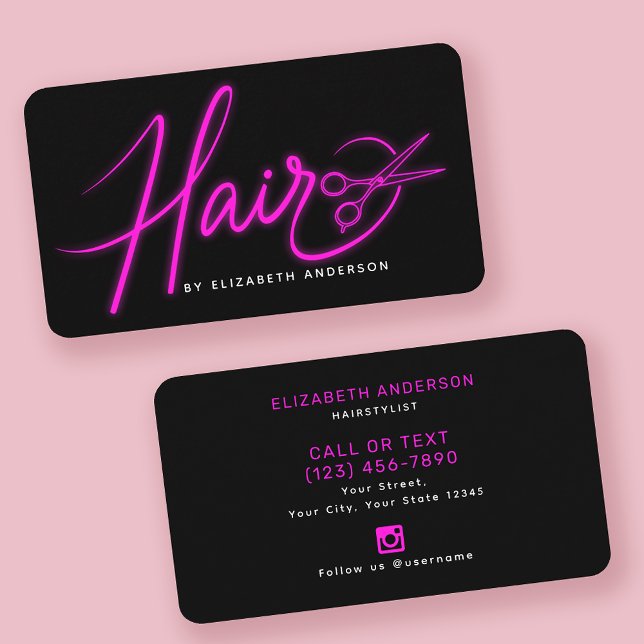 Neon Pink and Black Retro Script Hairstylist  Business Card (Creator Uploaded)