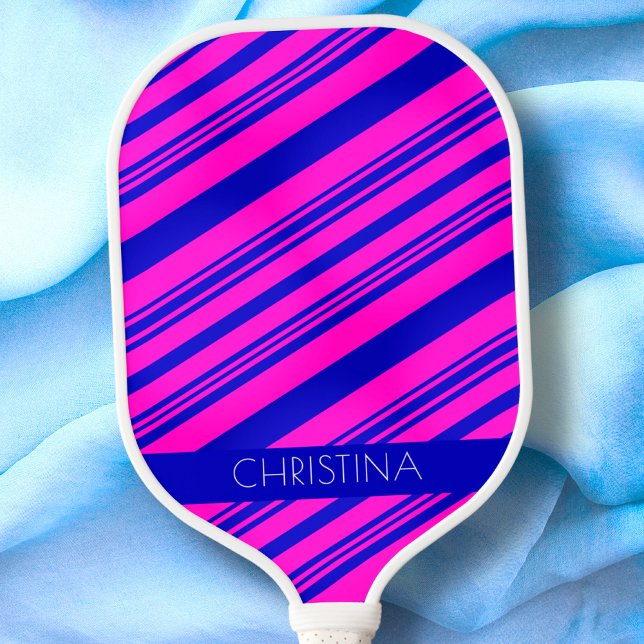 Neon Pink and Blue Stripes Modern Custom Name Pickleball Paddle (Creator Uploaded)