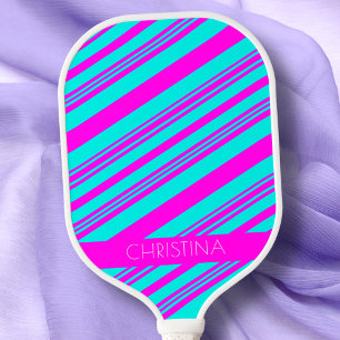 Neon Pink and Blue Stripes Trendy Stylish Name Pickleball Paddle