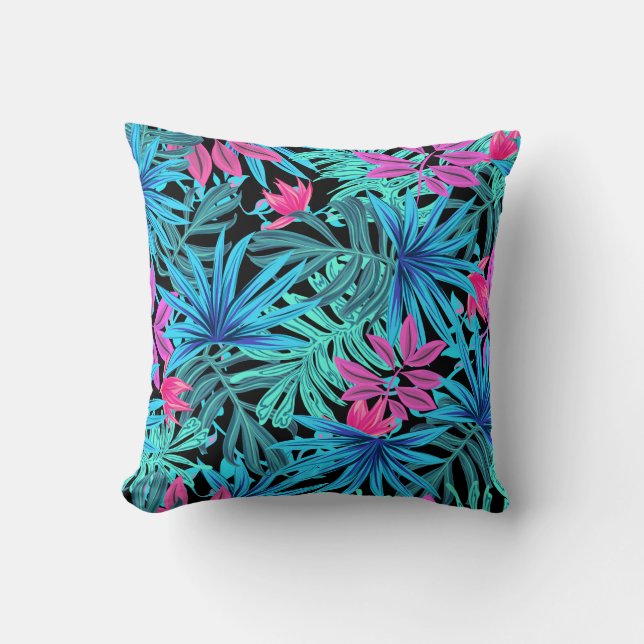 Neon Pink and Blue Tropical Plant Pattern Cushion (Front)