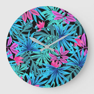 Neon Pink and Blue Tropical Plant Pattern Large Cl Large Clock