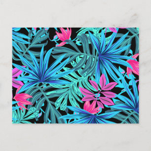 Neon Pink and Blue Tropical Plant Pattern Postcard