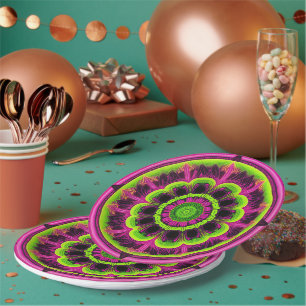 Neon Pink And Green Kaleidoscope Design Paper Plate