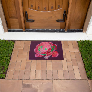 Neon Pink and Green Succulent Rose Door Mat