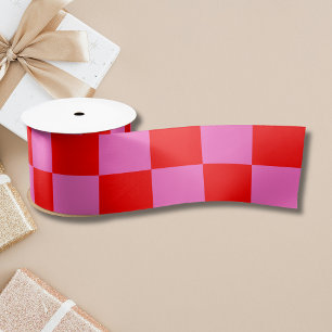 Neon Pink and Red Chequered Chequerboard Vintage Satin Ribbon