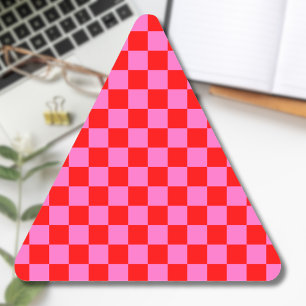 Neon Pink and Red Chequered Chequerboard Vintage Triangle Sticker