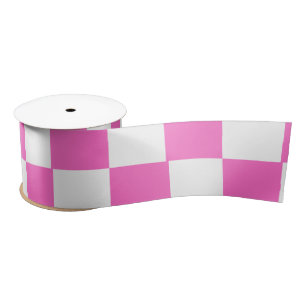 Neon Pink and White Chequered Chequerboard Vintage Satin Ribbon