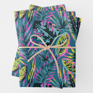 Neon Pink and Yellow Abstract Tropical Leaves Wrapping Paper Sheet