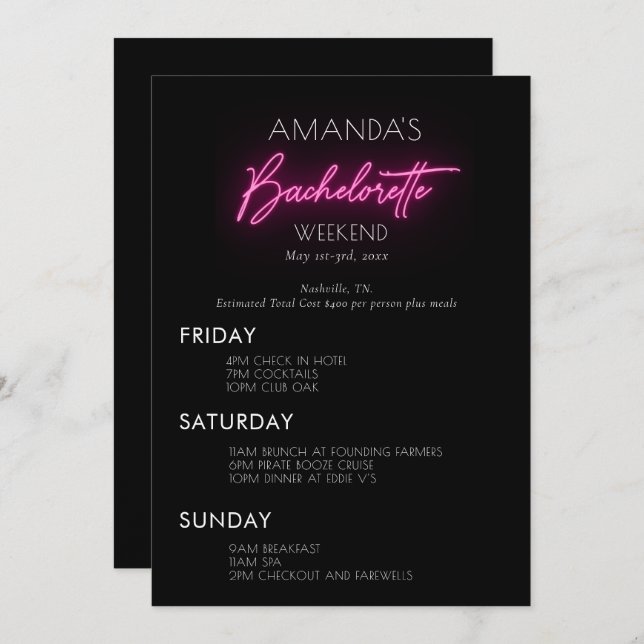 Neon Pink Bachelorette Weekend Itinerary Invitation (Front/Back)