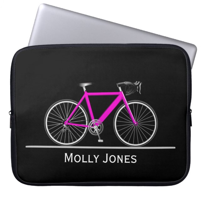 Neon Pink Bike with Name on Black  Laptop Sleeve (Front)
