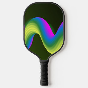 Neon pink, blue and green waves on green pickleball paddle