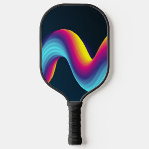 Neon pink, blue and yellow waves on blue pickleball paddle