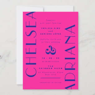 Neon Pink Blue Art Deco Typography Wedding Invitation