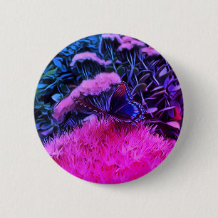 Neon Pink Blue Flowers With Monarch Butterfly 6 Cm Round Badge