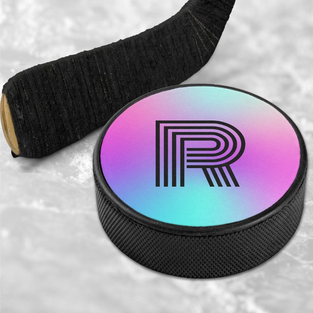 Neon Pink Blue & Purple Ombre Monogram Hockey Puck (Neon Pink Blue & Purple Ombre Monogram Hockey Puck)