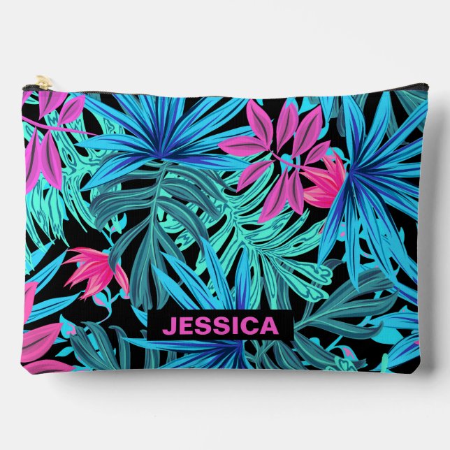 Neon Pink Blue Tropical Plant Pattern Personalised Accessory Pouch (Front)